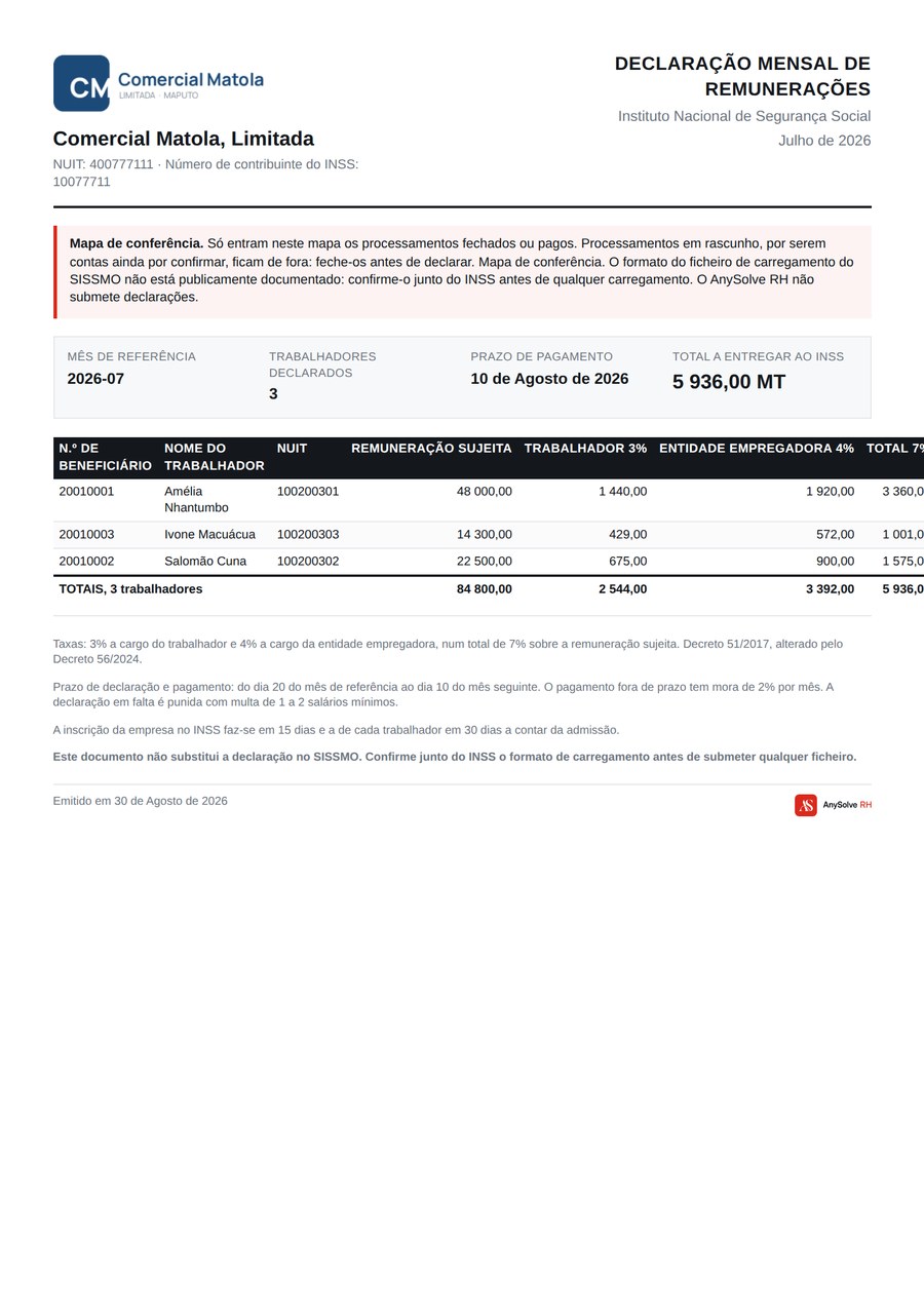 Mapa do INSS, declaração mensal de remunerações, produzido pelo AnySolve RH.