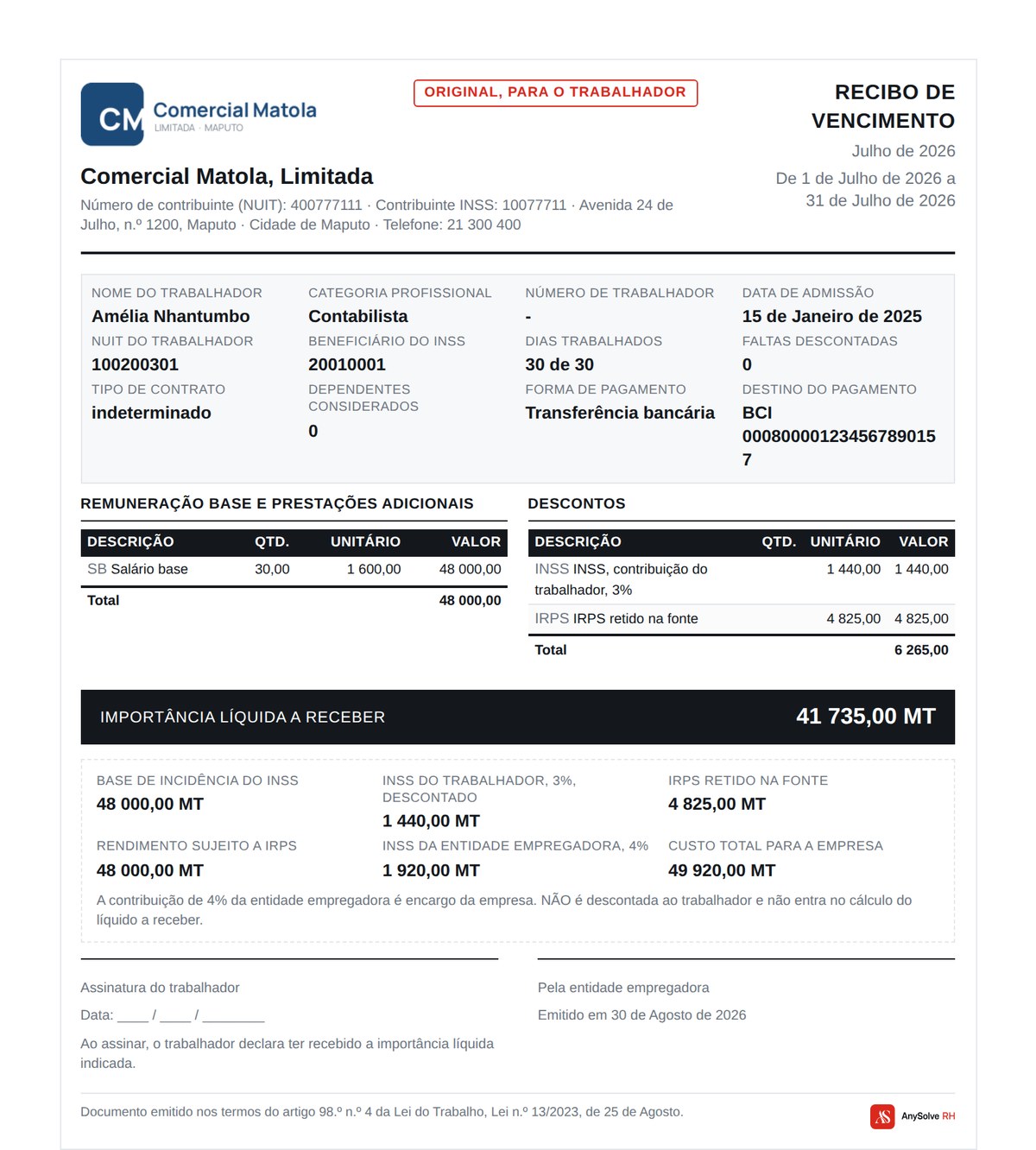 Recibo de vencimento produzido pelo AnySolve RH, com salário base, desconto do INSS, IRPS retido na fonte, importância líquida a receber e o custo total para a empresa.